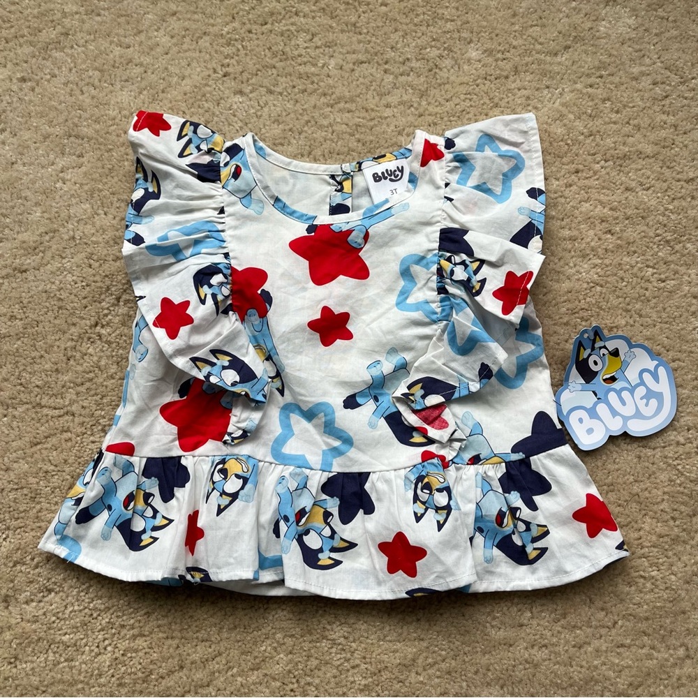NWT Bluey Girls' White Ruffle Sleeveless Shirt - Size 3T - 100% Cotton